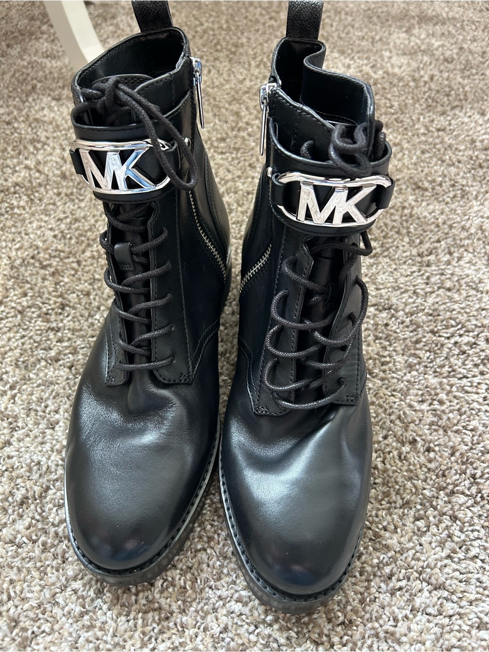 Michael Kors Black Leather Lace-Up Combat Boots with Silver MK Accent